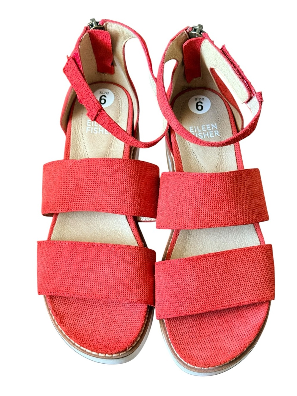 Eileen Fisher Coral Red Double-Strap Ankle Sandals